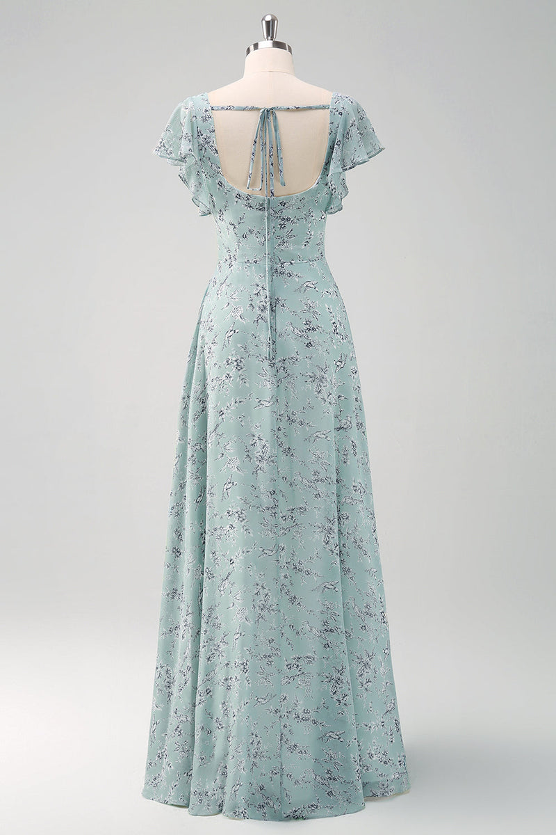 Laden Sie das Bild in den Galerie-Viewer, Blume Staubiger Salbei Bedruckter Langes Brautjungfernkleid mit Schlitz