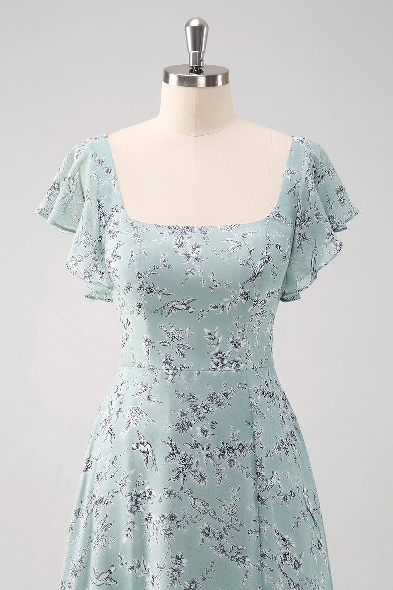 Laden Sie das Bild in den Galerie-Viewer, Blume Staubiger Salbei Bedruckter Langes Brautjungfernkleid mit Schlitz