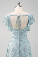 Laden Sie das Bild in den Galerie-Viewer, Blume Staubiger Salbei Bedruckter Langes Brautjungfernkleid mit Schlitz