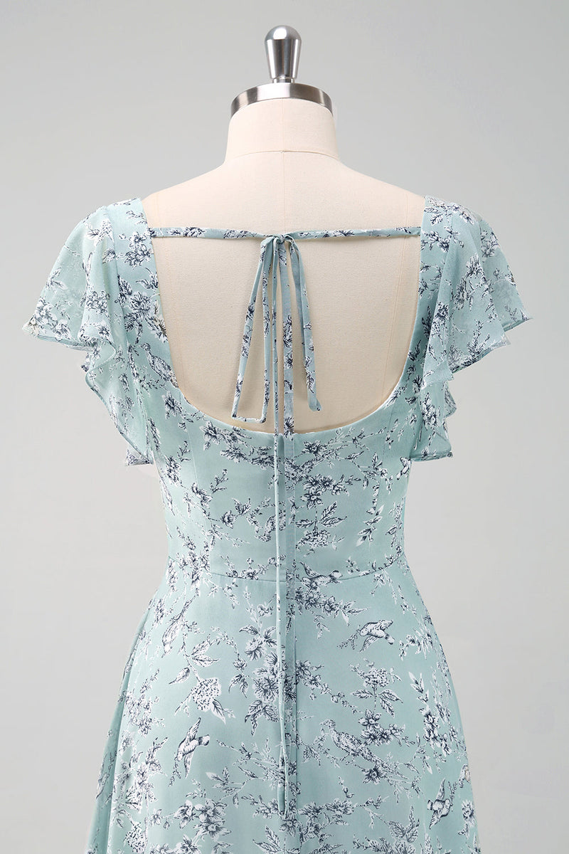 Laden Sie das Bild in den Galerie-Viewer, Blume Staubiger Salbei Bedruckter Langes Brautjungfernkleid mit Schlitz