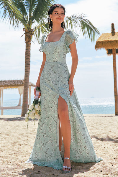 Graugrün Bedrucktes Geblümtes Lange Brautjungfernkleid mit Schlitz