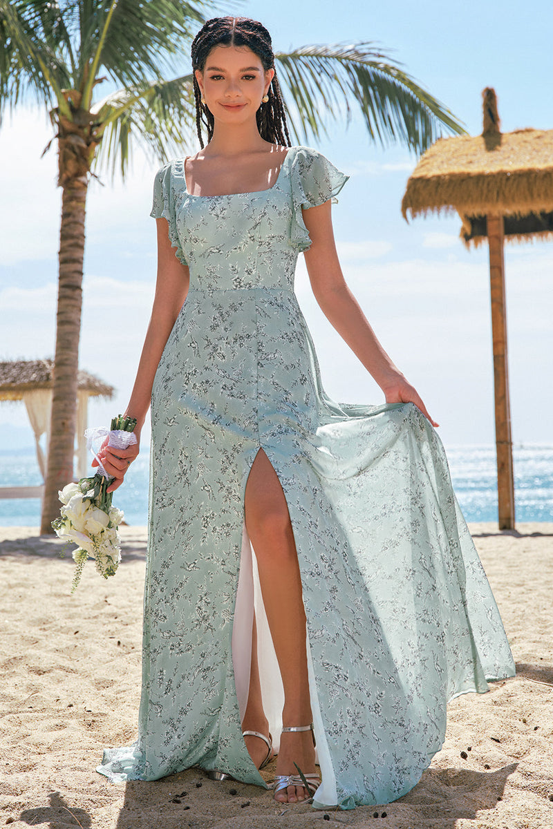Laden Sie das Bild in den Galerie-Viewer, Graugrün Bedrucktes Geblümtes Lange Brautjungfernkleid mit Schlitz