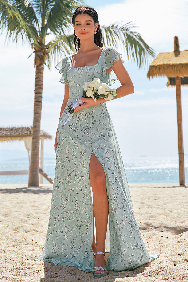 Laden Sie das Bild in den Galerie-Viewer, Staubige Salbei A Linie Drucken Blumen Lange Brautjungfernkleid mit Schlitz