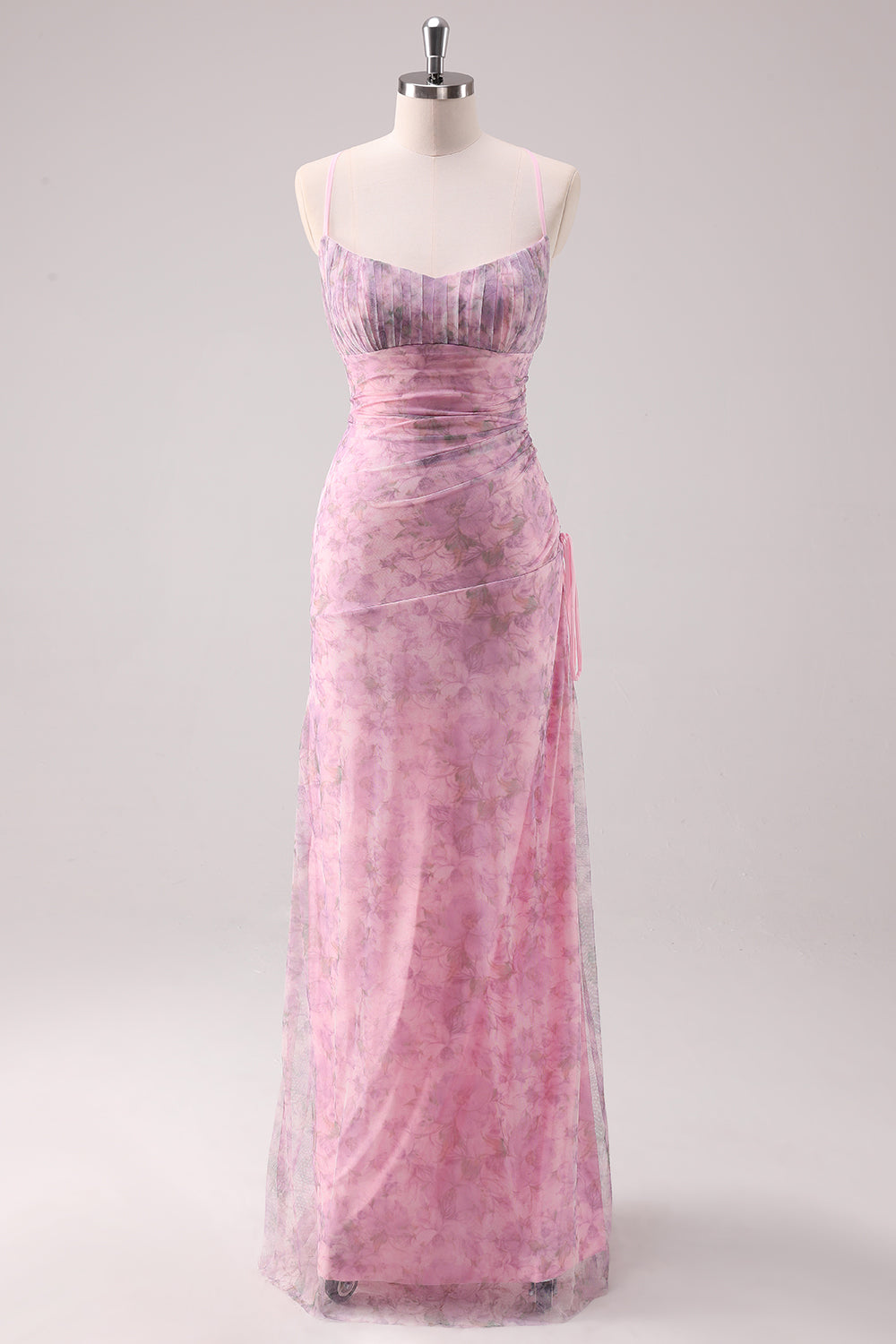 Rosa Geblümtes Spaghettiträger Etui Langes Ballkleid