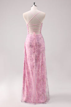 Rosa Geblümtes Spaghettiträger Etui Langes Ballkleid