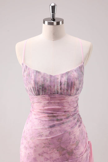 Rosa Geblümtes Spaghettiträger Etui Langes Ballkleid