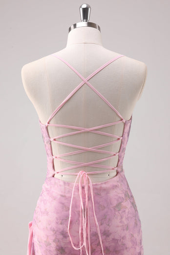 Rosa Geblümtes Spaghettiträger Etui Langes Ballkleid
