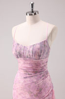 Laden Sie das Bild in den Galerie-Viewer, Rosa Geblümtes Spaghettiträger Etui Langes Ballkleid