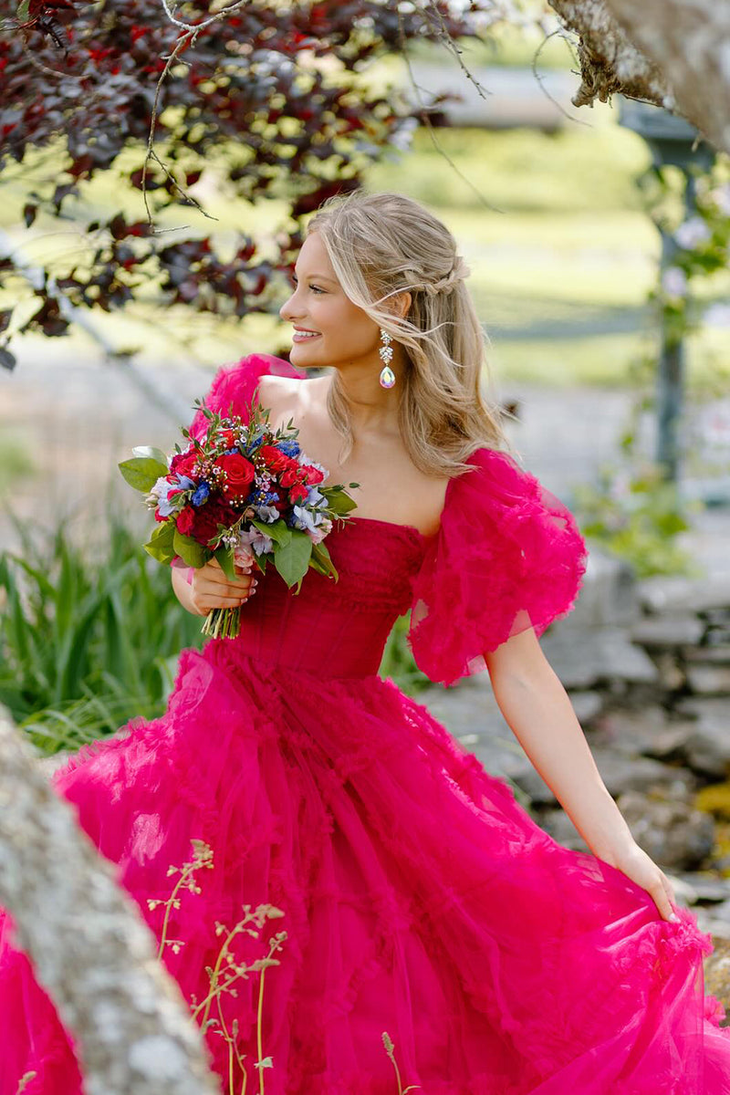 Laden Sie das Bild in den Galerie-Viewer, Fuchsia Quadratischer Hals A-Linie Puffärmel Tüll Lang Abendkleider