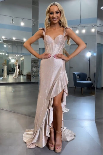 Funkelndes Gelbes Meerjungfrau Korsett Asymmetrisches Abendkleid mit Rüschen