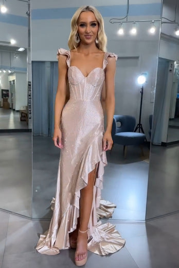 Funkelndes Gelbes Meerjungfrau Korsett Asymmetrisches Abendkleid mit Rüschen