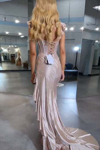 Funkelndes Gelbes Meerjungfrau Korsett Asymmetrisches Abendkleid mit Rüschen