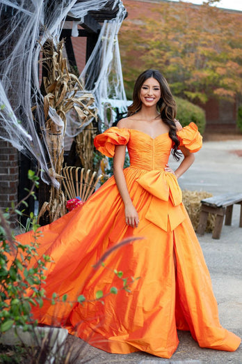 Prinzessin Orange A-Linie Schulterfrei Lang Abendkleider mit Schleife