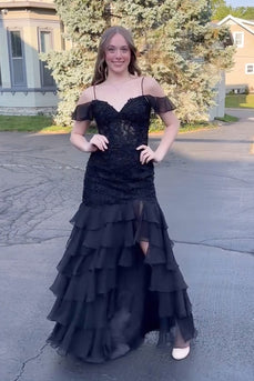 Blumen Schwarz Korsett Schulterfrei Lang Abendkleider mit Appliziert