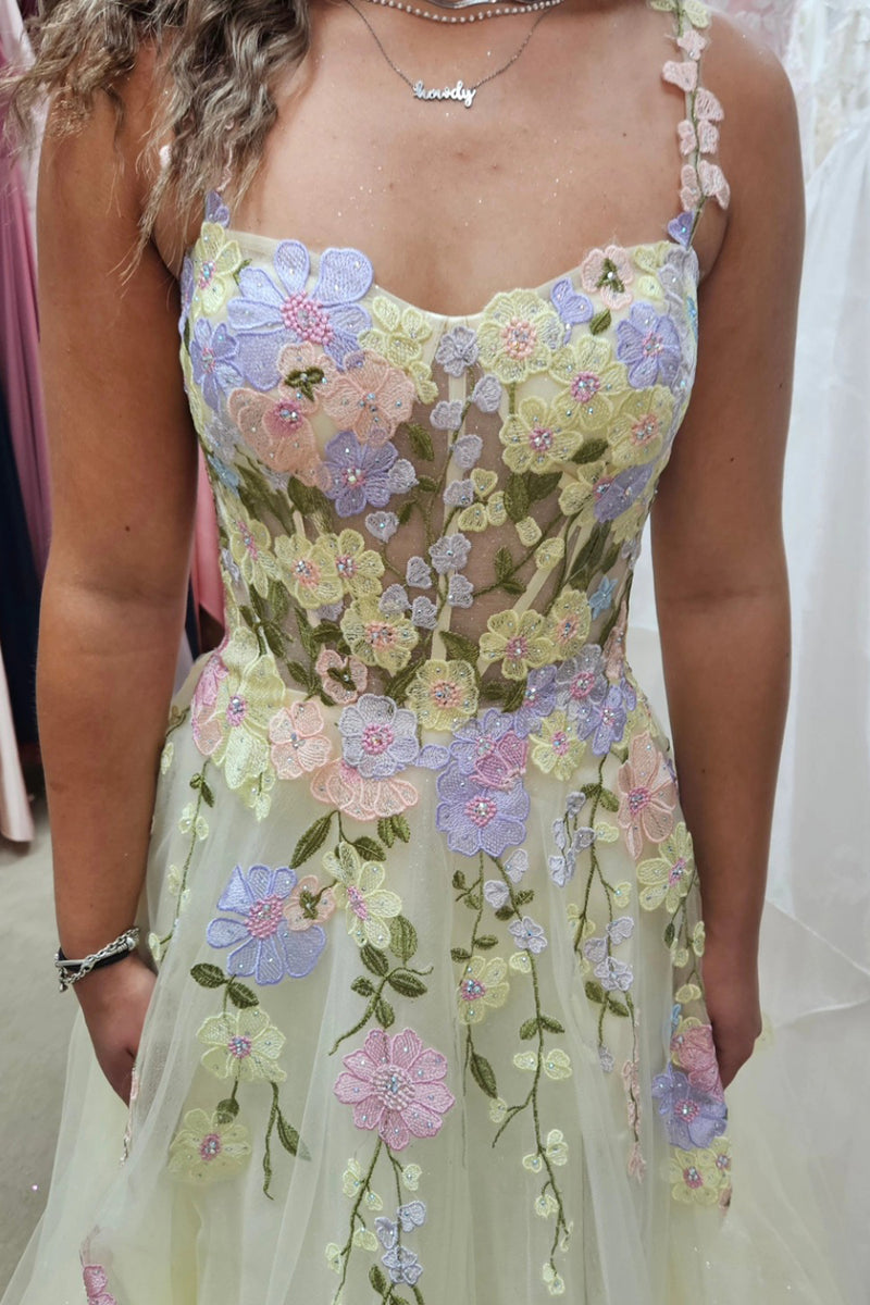Laden Sie das Bild in den Galerie-Viewer, Blumen Gelbe Korsett A Linie Lang Abendkleider mit Applizierten