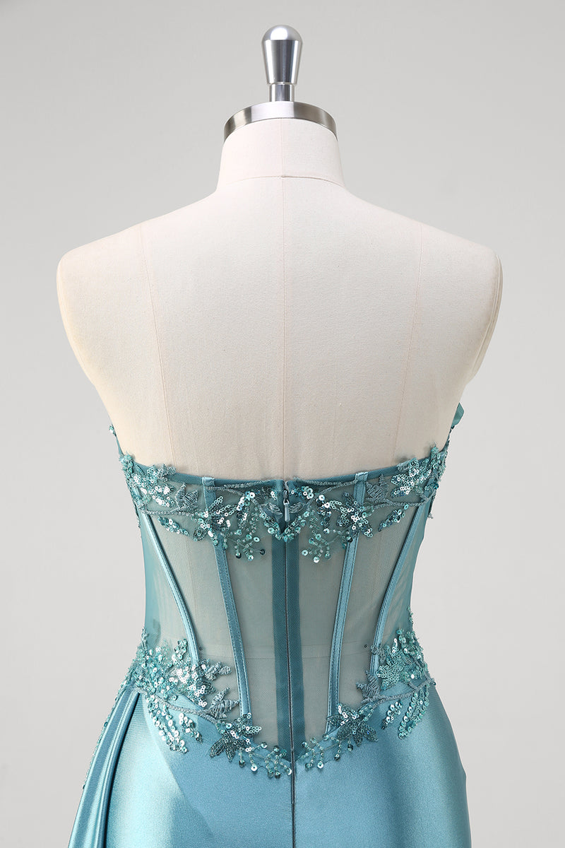 Laden Sie das Bild in den Galerie-Viewer, Glitzer Graublau Korsett Appliziertes Langes Abendkleid