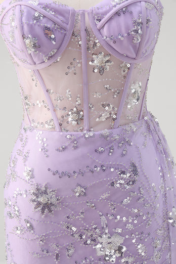 Glitzer Hellviolett Korsett Trägerlose Langes Abendkleid