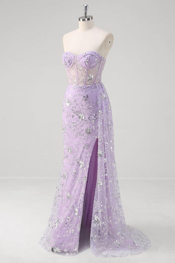 Glitzer Hellviolett Korsett Trägerlose Langes Abendkleid