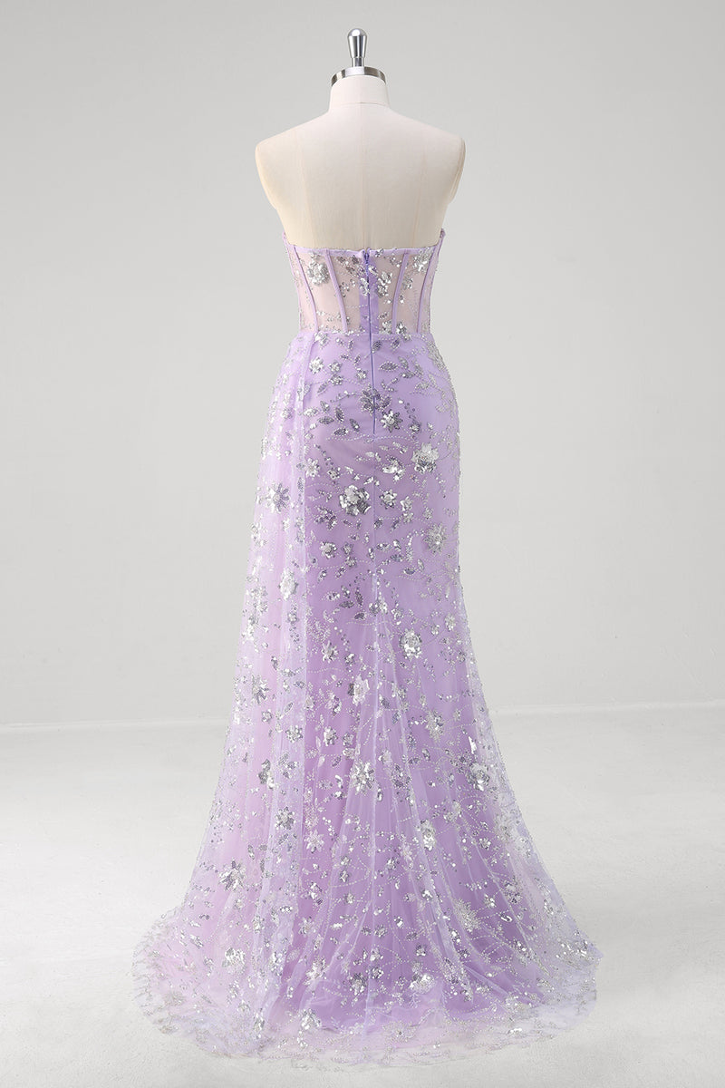 Laden Sie das Bild in den Galerie-Viewer, Glitzer Hellviolett Korsett Trägerlose Langes Abendkleid