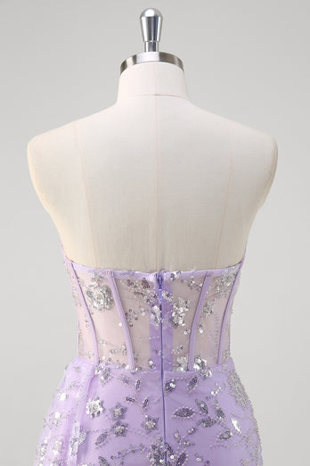 Glitzer Hellviolett Korsett Trägerlose Langes Abendkleid