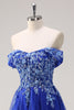 Laden Sie das Bild in den Galerie-Viewer, Königsblau Tüllk A Linie Schulterfreies Langes Ballkleid mit Glitzer Applikationen