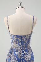 Laden Sie das Bild in den Galerie-Viewer, Blaues Korsett Burnout Blumen Langes Brautjungfernkleid mit Schlitz