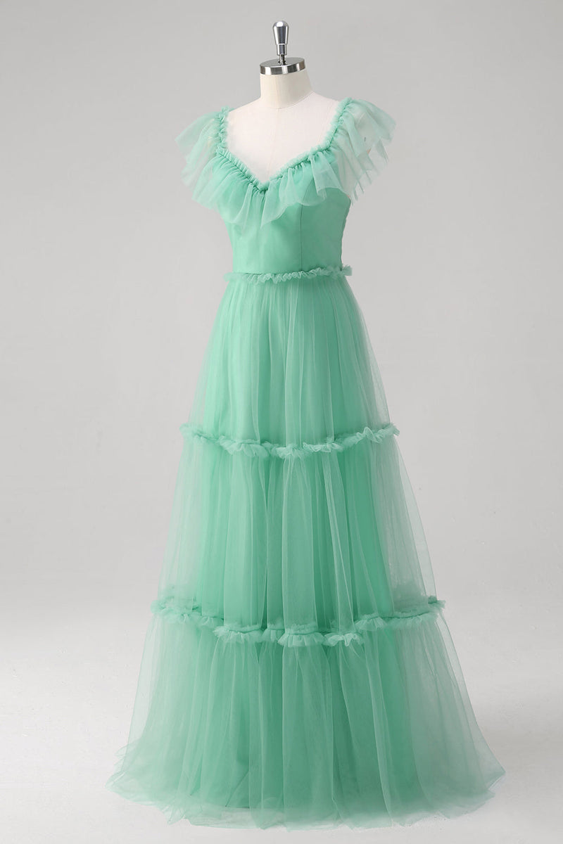 Laden Sie das Bild in den Galerie-Viewer, Grünes A-Linie V-Ausschnitt Tüll Lange Brautjungfernkleid