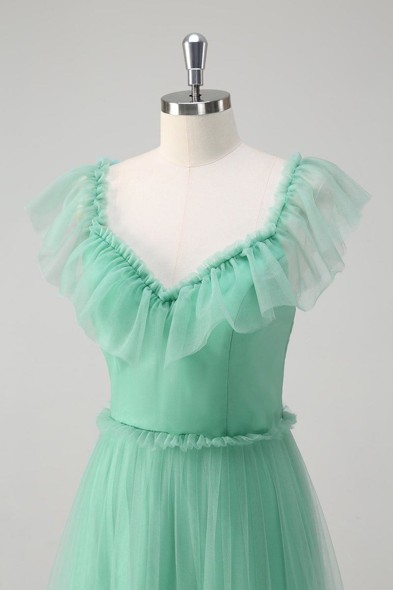 Laden Sie das Bild in den Galerie-Viewer, Grünes A-Linie V-Ausschnitt Tüll Lange Brautjungfernkleid