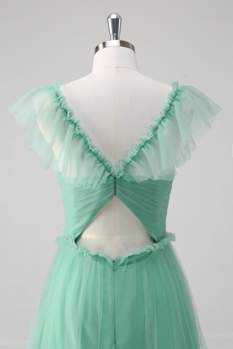 Laden Sie das Bild in den Galerie-Viewer, Grünes A-Linie V-Ausschnitt Tüll Lange Brautjungfernkleid