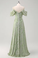 Laden Sie das Bild in den Galerie-Viewer, Staubiger Salbei Drucken A-Linie Langes Brautjungfernkleid mit Schlitz