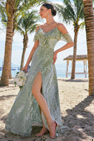 Laden Sie das Bild in den Galerie-Viewer, Staubiger Salbei Schulterfreies Langes Brautjungfernkleider mit Schlitz