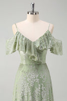 Laden Sie das Bild in den Galerie-Viewer, Staubiger Salbei Drucken A-Linie Langes Brautjungfernkleid mit Schlitz