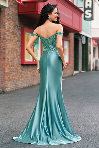 Glitzer Grün Meerjungfrauen Satin Rückenfrei Langes Ballkleid mit Schlitz