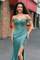 Laden Sie das Bild in den Galerie-Viewer, Glitzer Grün Meerjungfrauen Satin Rückenfrei Langes Ballkleid mit Schlitz