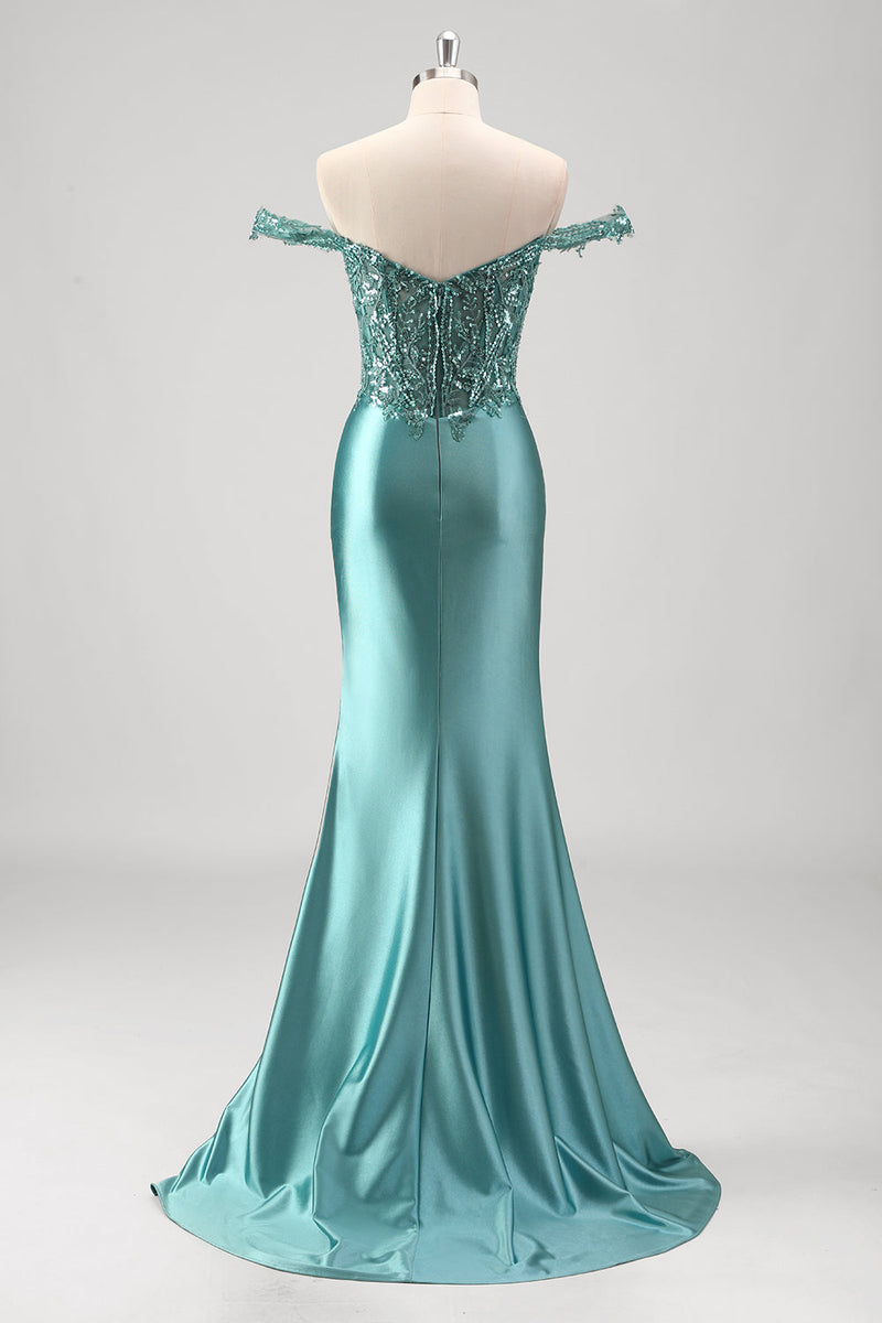 Laden Sie das Bild in den Galerie-Viewer, Glitzer Grün Meerjungfrauen Satin Rückenfrei Langes Ballkleid mit Schlitz