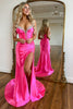 Laden Sie das Bild in den Galerie-Viewer, Glitzer Fuchsia Merjungfrau Spaghettiträger Korsett Lange Abendkleid mit Schlitz