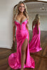Laden Sie das Bild in den Galerie-Viewer, Glitzer Fuchsia Merjungfrau Spaghettiträger Korsett Lange Abendkleid mit Schlitz