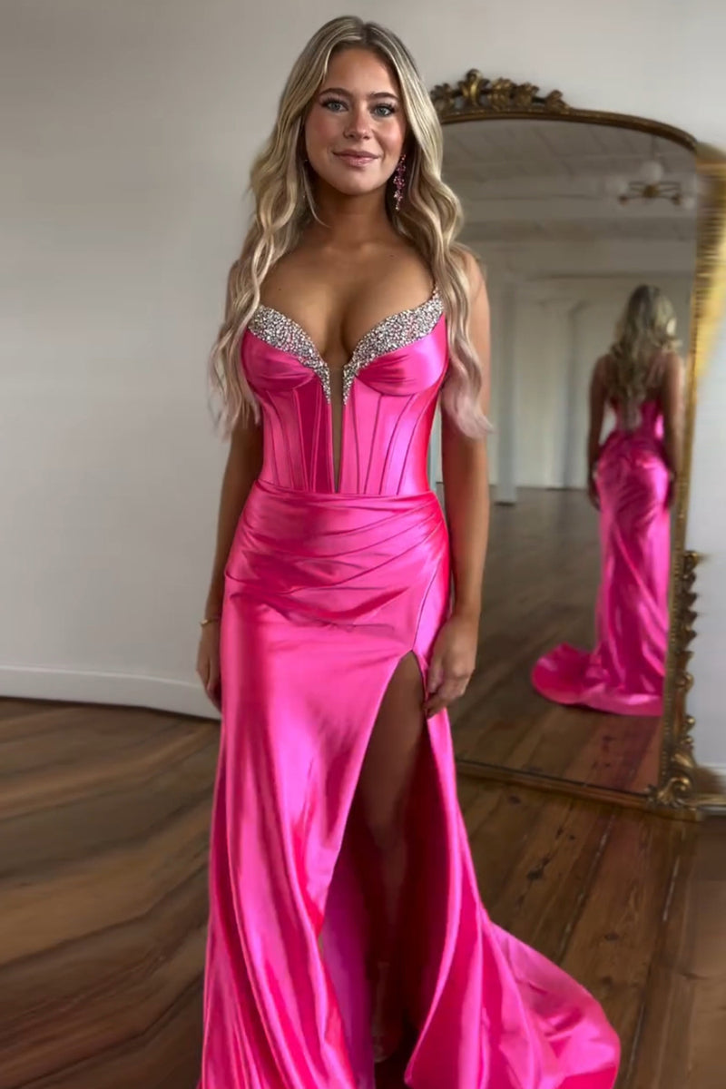 Laden Sie das Bild in den Galerie-Viewer, Glitzer Fuchsia Merjungfrau Spaghettiträger Korsett Lange Abendkleid mit Schlitz
