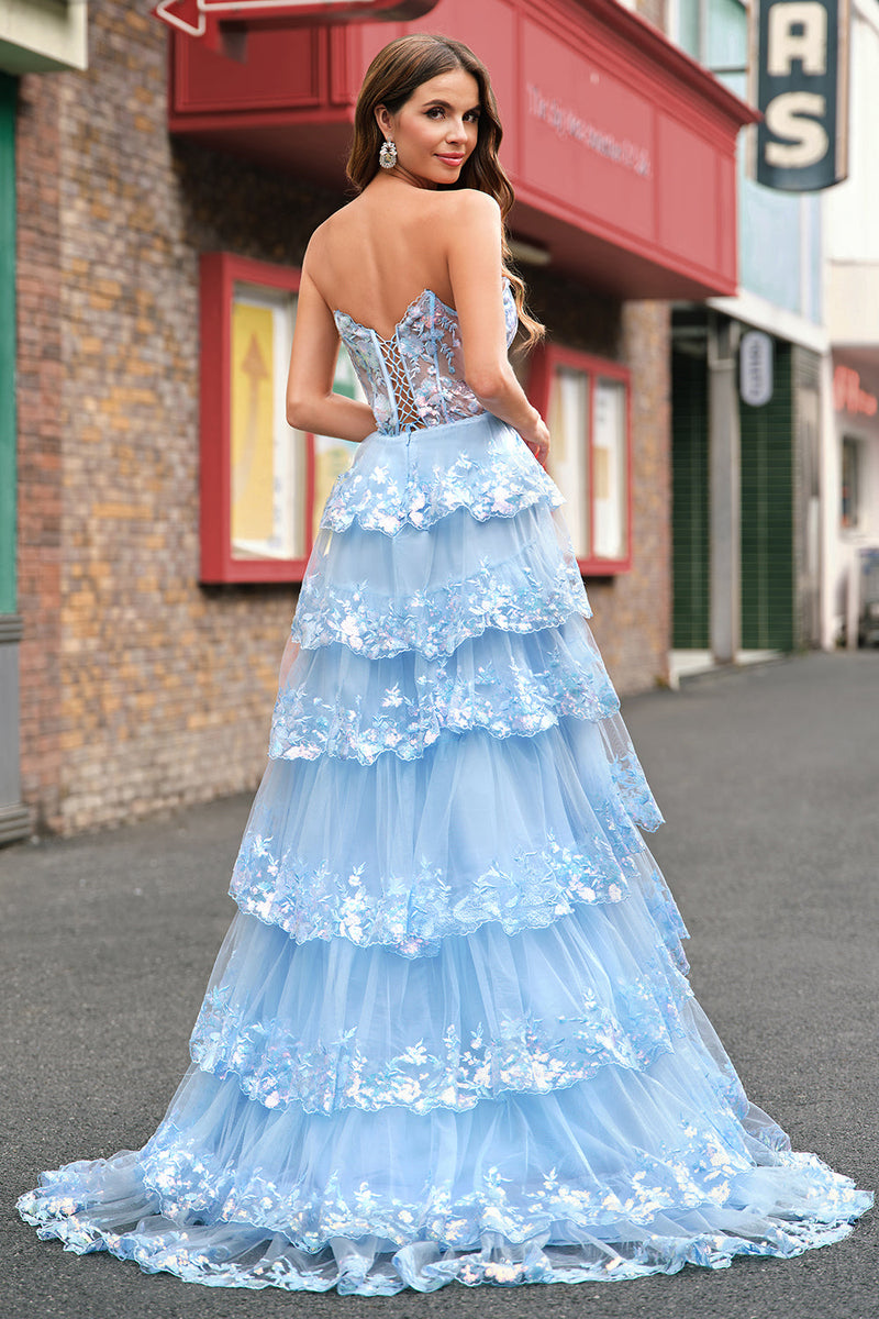 Laden Sie das Bild in den Galerie-Viewer, Blau A Linien Trägerloses Korsett Langes Ballkleid mit Schilitz