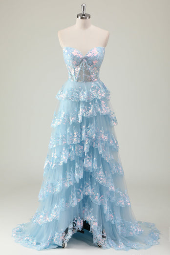 Blau A Linien Trägerloses Korsett Langes Ballkleid mit Schilitz