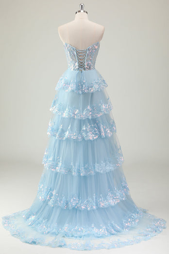 Blau A Linien Trägerloses Korsett Langes Ballkleid mit Schilitz