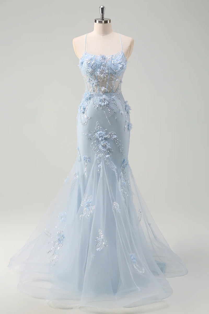 Laden Sie das Bild in den Galerie-Viewer, Glitzer Blau Merjungfrau Korsett Lange Abendkleid mit 3D Blumen