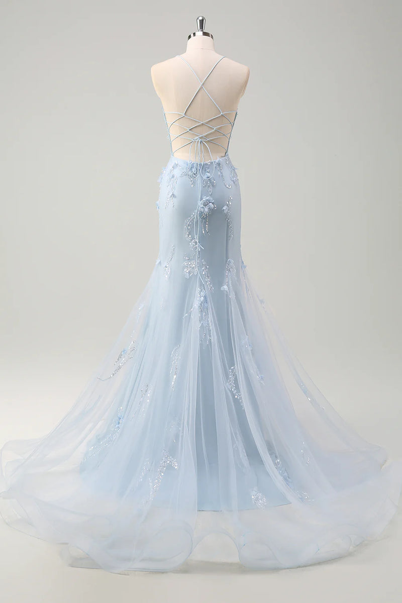 Laden Sie das Bild in den Galerie-Viewer, Glitzer Blau Merjungfrau Korsett Lange Abendkleid mit 3D Blumen