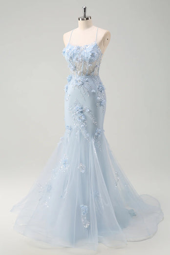Glitzer Blau Merjungfrau Korsett Lange Abendkleid mit 3D Blumen