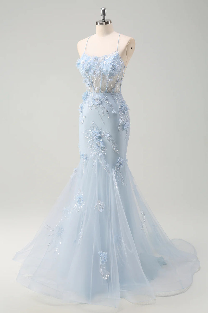 Laden Sie das Bild in den Galerie-Viewer, Glitzer Blau Merjungfrau Korsett Lange Abendkleid mit 3D Blumen