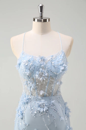 Glitzer Blau Merjungfrau Korsett Lange Abendkleid mit 3D Blumen
