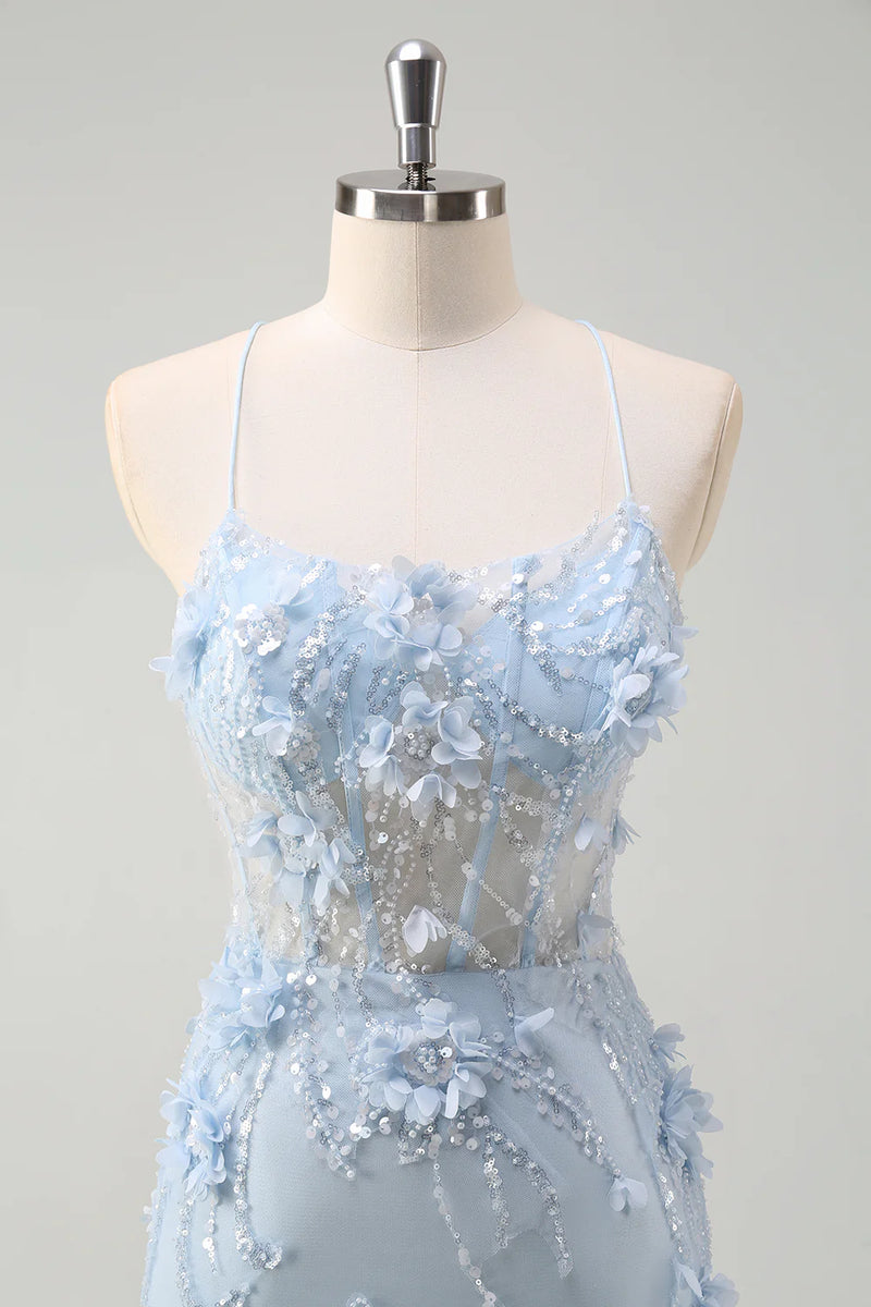 Laden Sie das Bild in den Galerie-Viewer, Glitzer Blau Merjungfrau Korsett Lange Abendkleid mit 3D Blumen