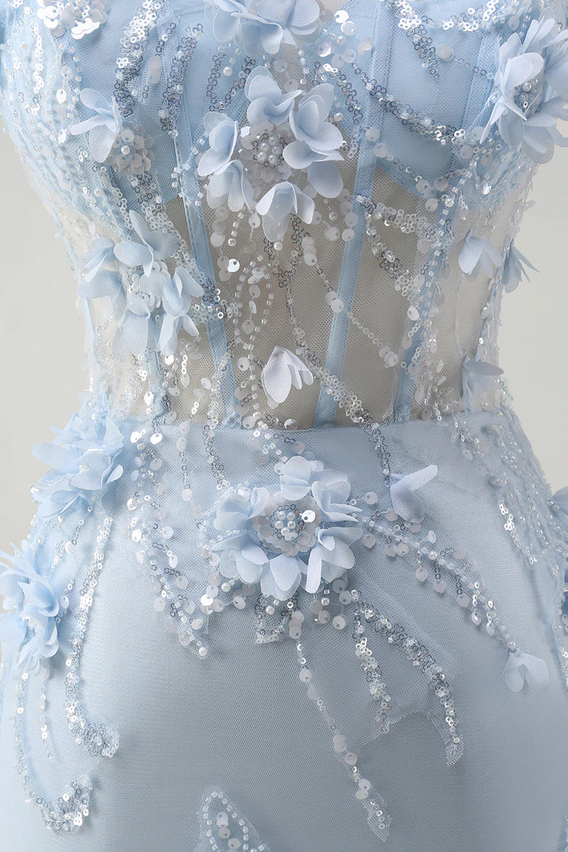 Laden Sie das Bild in den Galerie-Viewer, Glitzer Blau Merjungfrau Korsett Lange Abendkleid mit 3D Blumen
