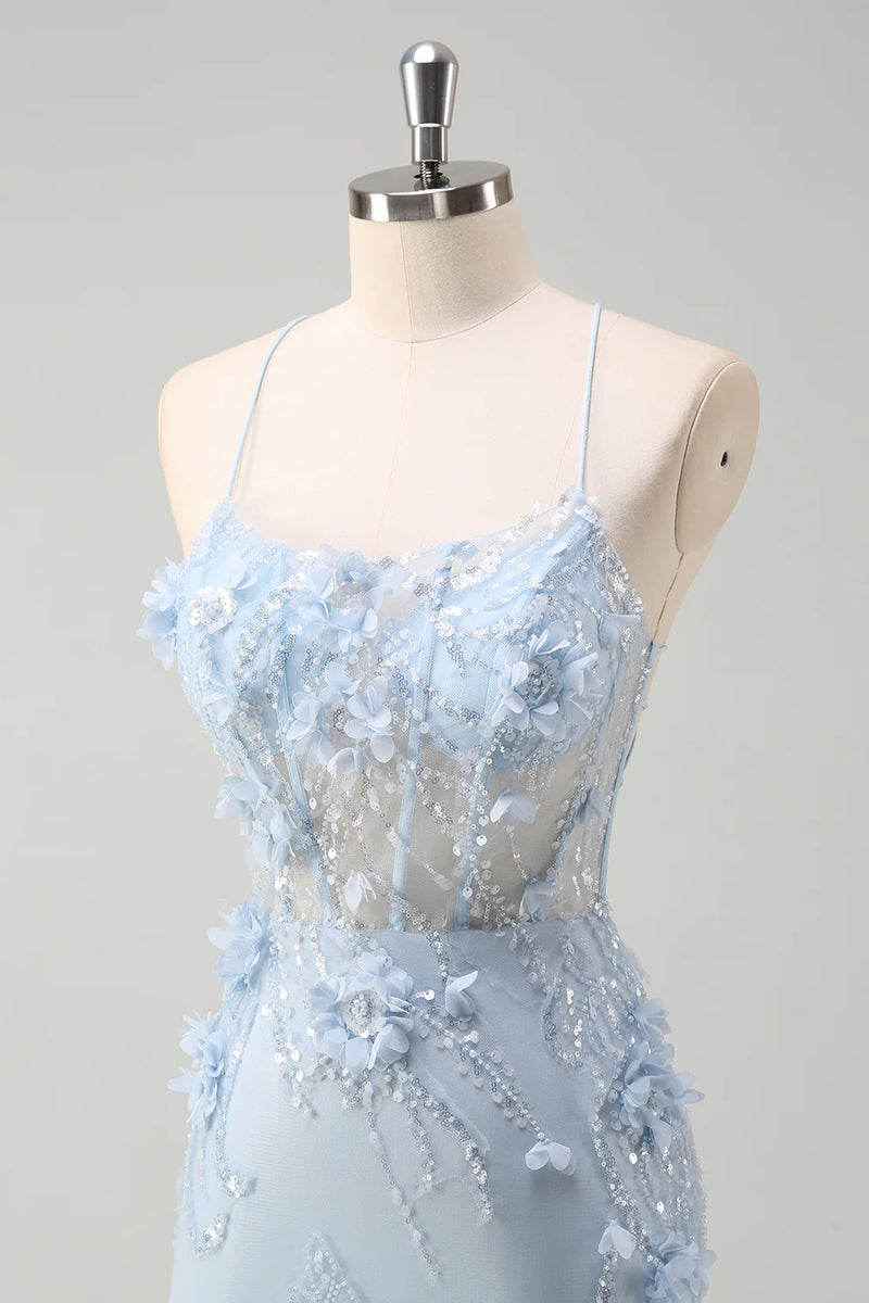 Laden Sie das Bild in den Galerie-Viewer, Glitzer Blau Merjungfrau Korsett Lange Abendkleid mit 3D Blumen