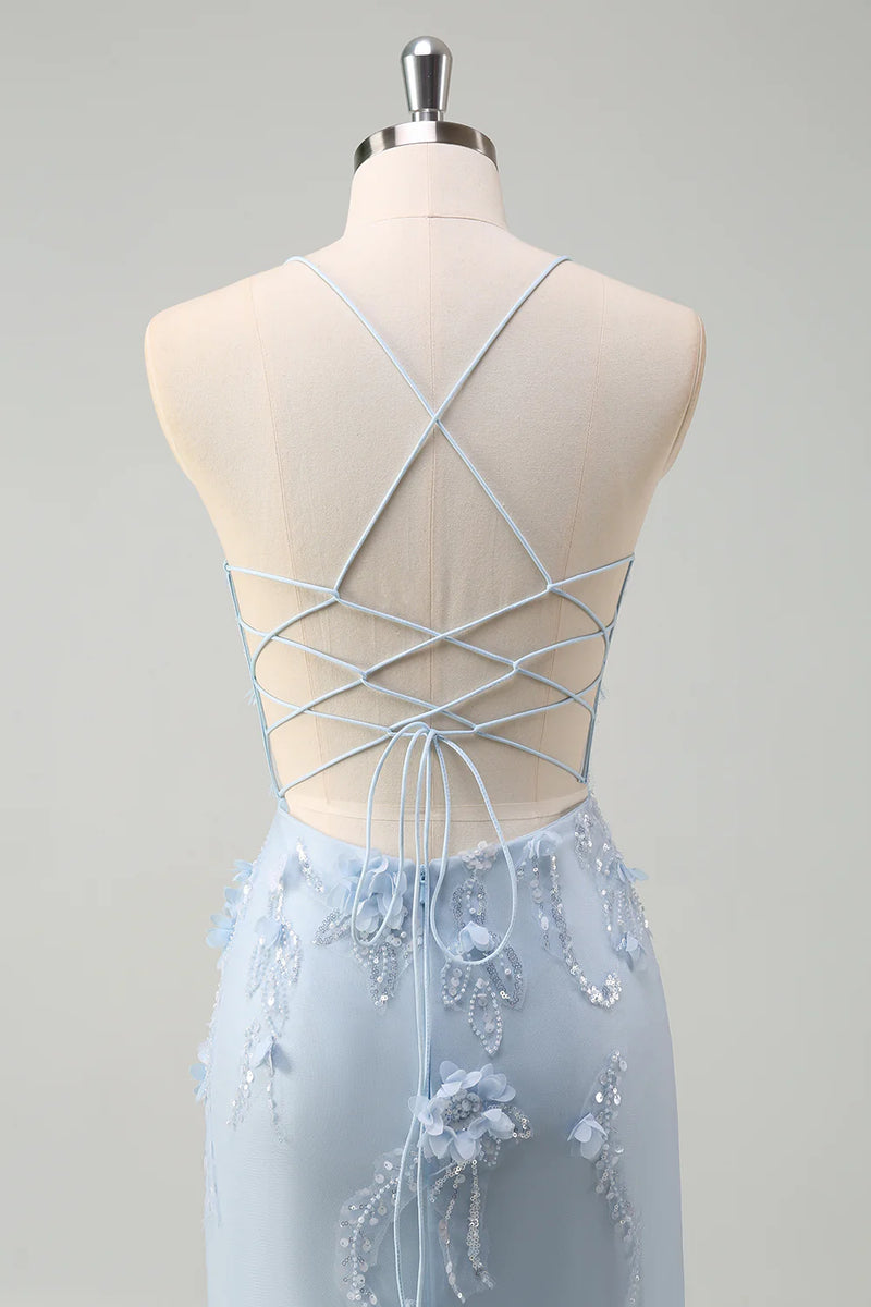 Laden Sie das Bild in den Galerie-Viewer, Glitzer Blau Merjungfrau Korsett Lange Abendkleid mit 3D Blumen